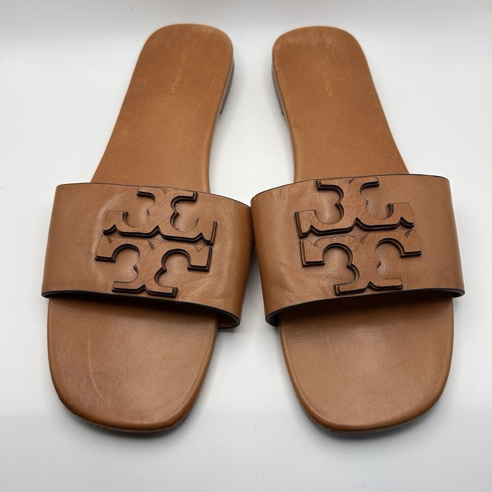 TORY BURCH Women's Ines Flat Slide Goat Leather Sandals Size 11 M Brown